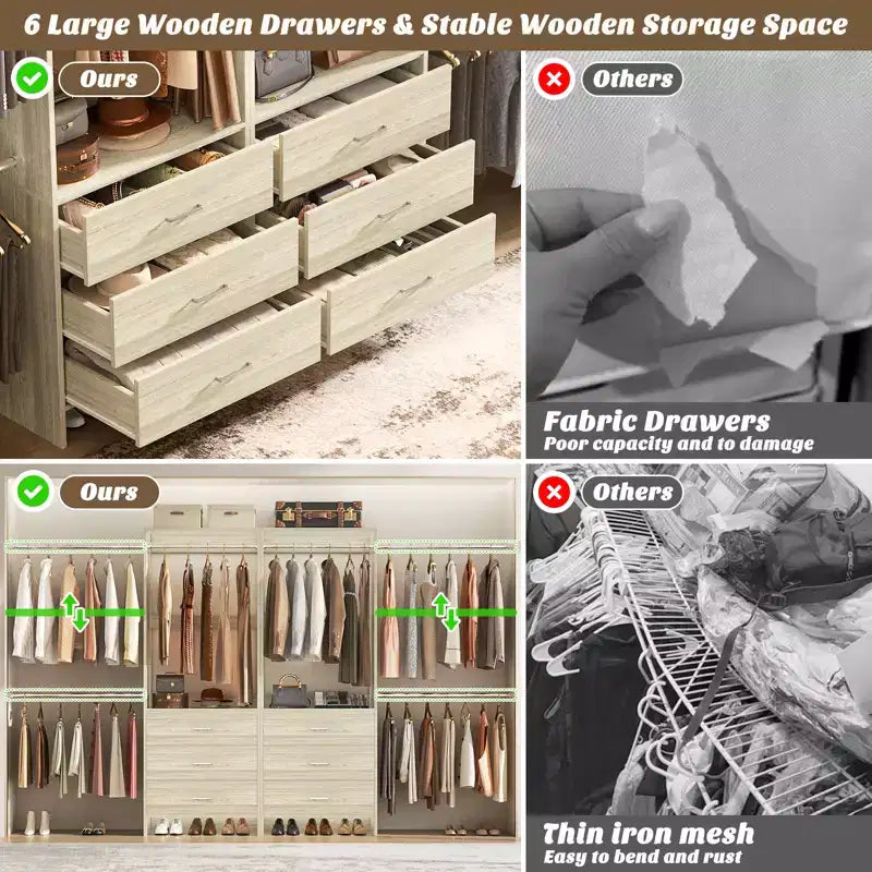 Besiost 142 - Sistema organizer per armadio con aste appendiabiti estensibili, guardaroba con 6 cassetti in legno