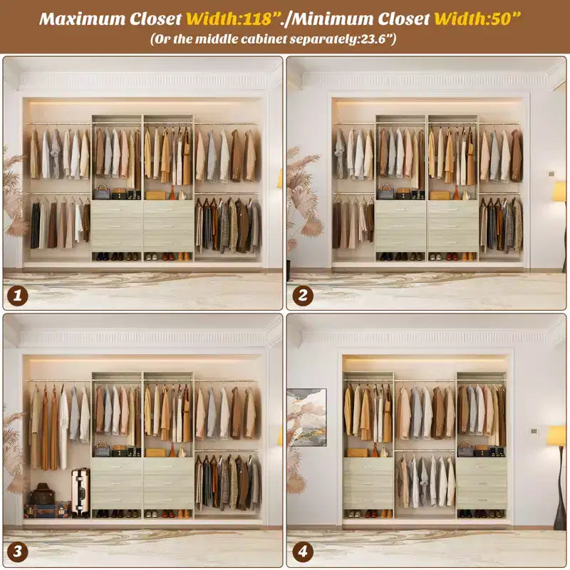Besiost 142 - Sistema organizer per armadio con aste appendiabiti estensibili, guardaroba con 6 cassetti in legno