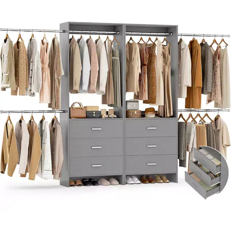 Besiost 142 - Sistema organizer per armadio con aste appendiabiti estensibili, guardaroba con 6 cassetti in legno