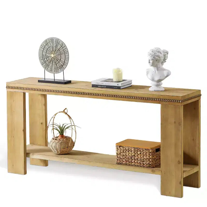 Tavolo Consolle Stretto da Ingresso 63 Farmhouse con Ripiano Contenitore, Tavolo da Corridoio con Bordo Intagliato per Soggiorno o Ufficio - Panipeachy