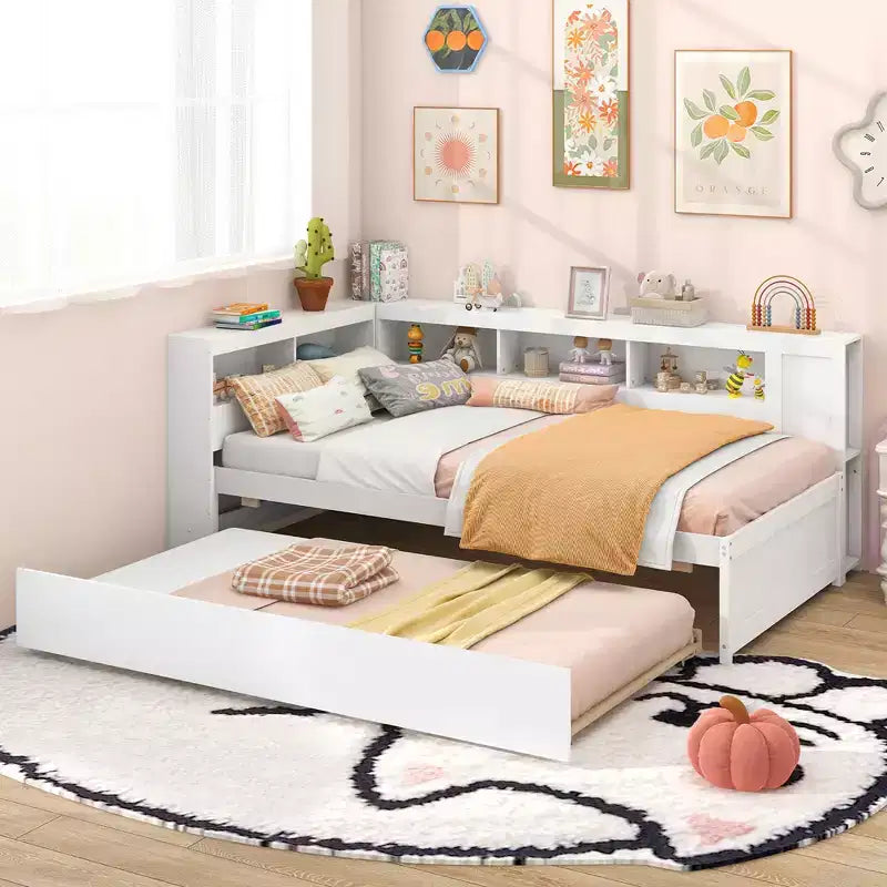 Costway Letto da Giorno Singolo con Letto Estraibile, Scaffali Laterali, Testiera Libreria Reversibile