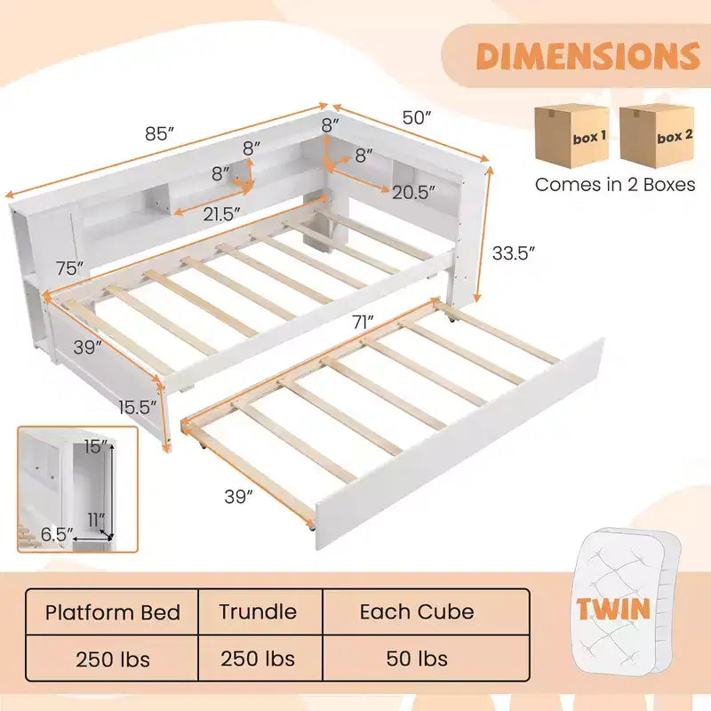Costway Letto da Giorno Singolo con Letto Estraibile, Scaffali Laterali, Testiera Libreria Reversibile
