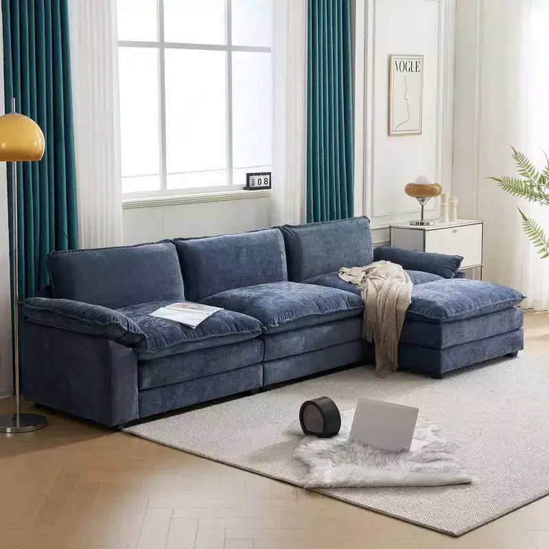 Divano moderno a L a 3 posti Chellie, 305 cm, imbottito, con braccioli, beige, con pouf