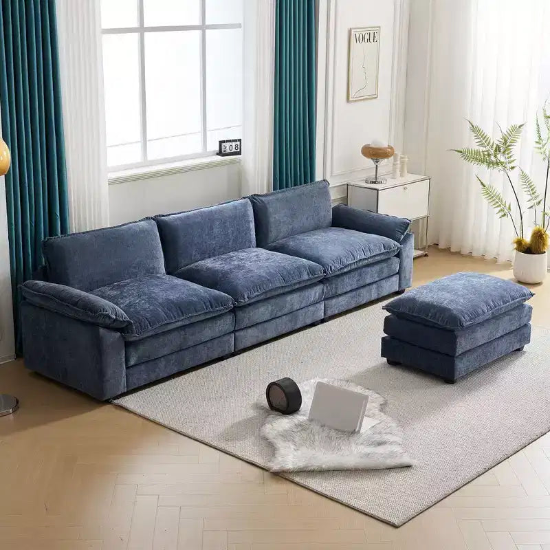 Divano moderno a L a 3 posti Chellie, 305 cm, imbottito, con braccioli, beige, con pouf