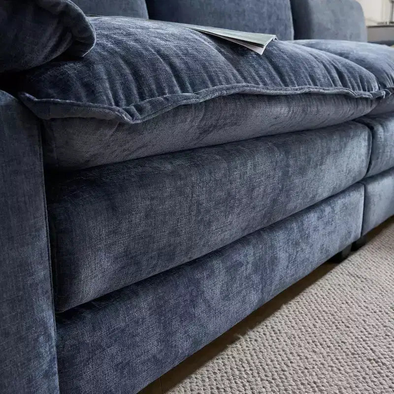 Divano moderno a L a 3 posti Chellie, 305 cm, imbottito, con braccioli, beige, con pouf