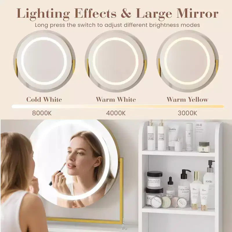 Toeletta con specchio e luci LED, presa di corrente, luce regolabile a 3 colori, 4 cassetti, ripiani e sgabello per la camera da letto