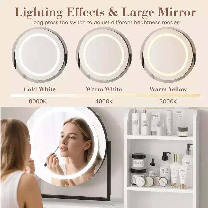 Toeletta con specchio e luci LED, presa di corrente, luce regolabile a 3 colori, 4 cassetti, ripiani e sgabello per la camera da letto