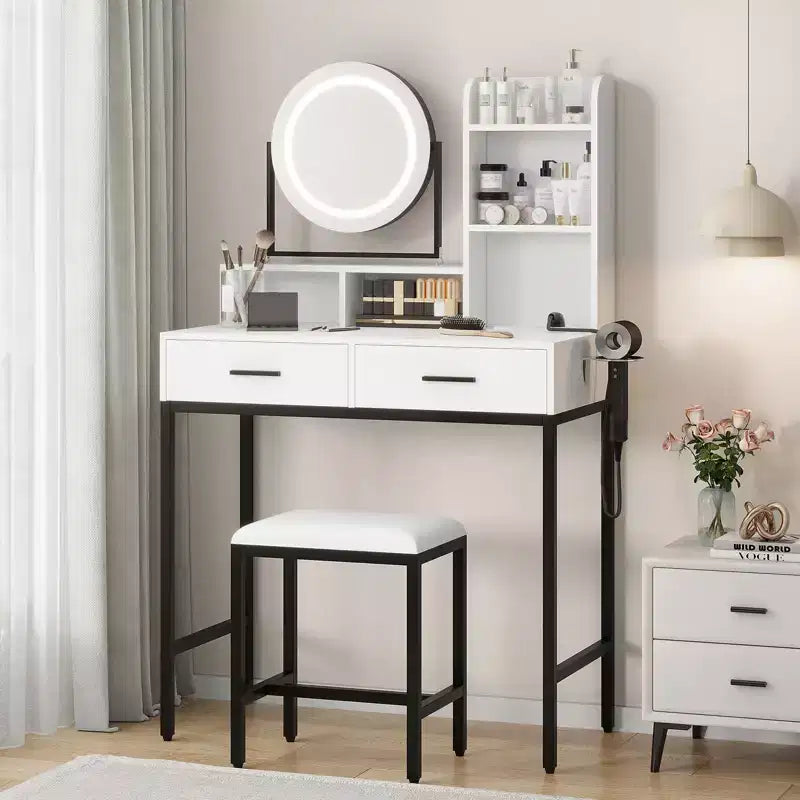 Vanity Desk with Mirror and LED, Power Outlet, 3 Color Adjustable Light, 4 Drawers, Storage Shelves & Stool for Bedroom