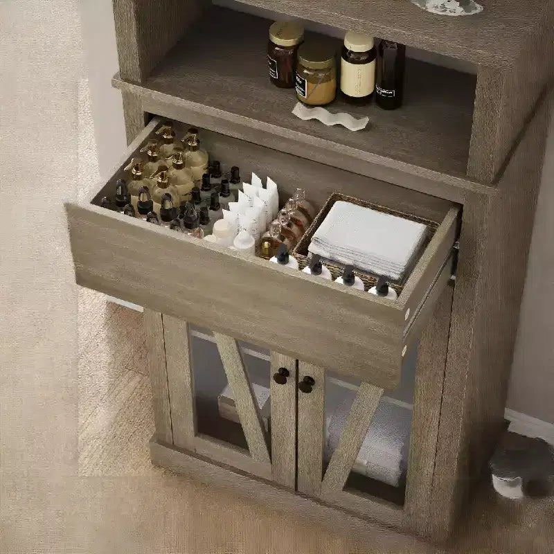 Dispensa a colonna da 169 cm con ante in vetro - Mobiletto organizer alto a 5 ripiani con cassetto per cucina, ingresso e soggiorno (grigio)