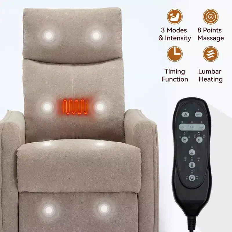 Poltrona reclinabile manuale con massaggio termico, dondolo e girevole in tessuto per soggiorno, arancione