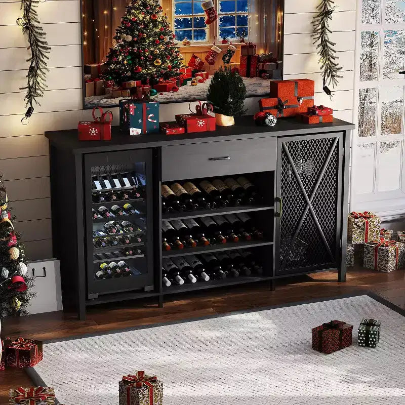 Mobile bar in stile industriale da 71 pollici, finitura nero rustico con portabottiglie e cassetto portaoggetti, credenza multiuso per cucina e sala da pranzo, nero