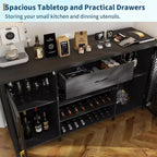 Mobile bar in stile industriale da 71 pollici, finitura nero rustico con portabottiglie e cassetto portaoggetti, credenza multiuso per cucina e sala da pranzo, nero