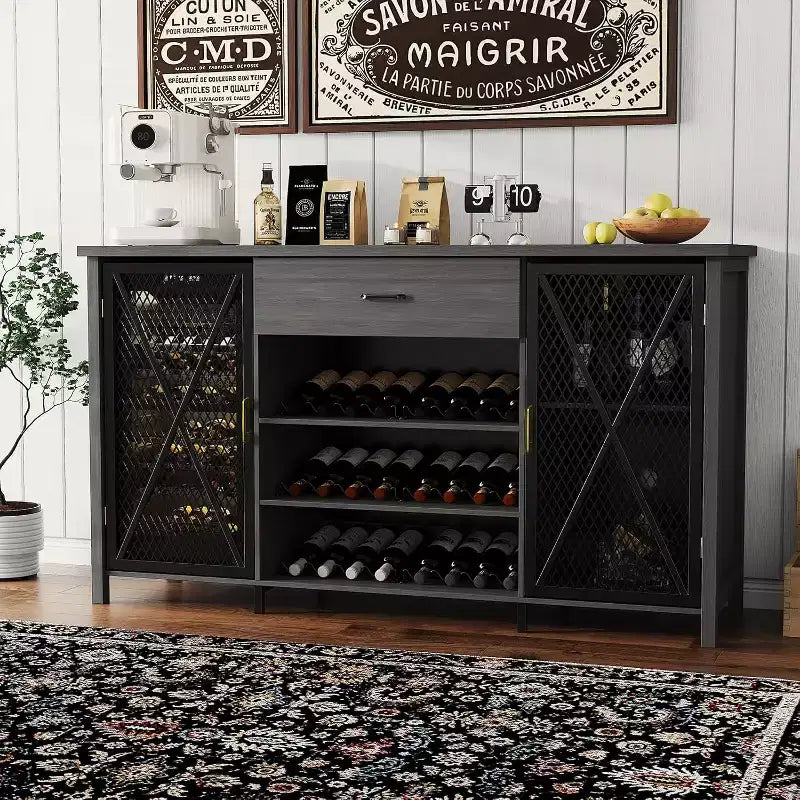 Mobile bar in stile industriale da 71 pollici, finitura nero rustico con portabottiglie e cassetto portaoggetti, credenza multiuso per cucina e sala da pranzo, nero