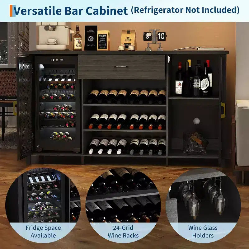 Mobile bar in stile industriale da 71 pollici, finitura nero rustico con portabottiglie e cassetto portaoggetti, credenza multiuso per cucina e sala da pranzo, nero