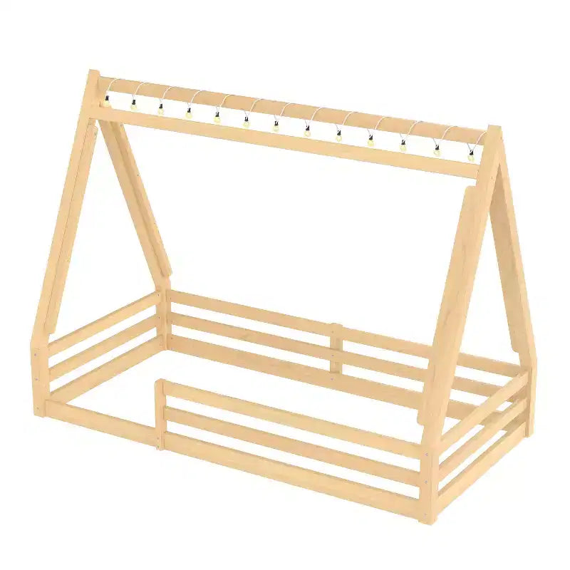 Letto a pavimento Montessori una piazza e mezza/matrimoniale, letto a pavimento con tenda a casetta, striscia luminosa e sponde a tutta lunghezza - ModernLuxe