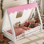 Letto a pavimento Montessori una piazza e mezza/matrimoniale, letto a pavimento con tenda a casetta, striscia luminosa e sponde a tutta lunghezza - ModernLuxe