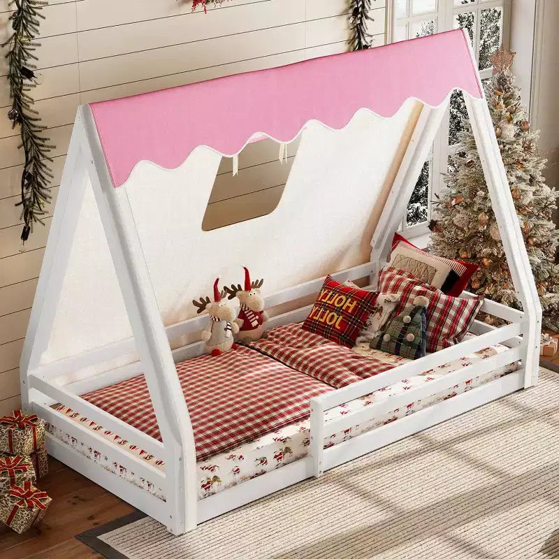 Letto a pavimento Montessori una piazza e mezza/matrimoniale, letto a pavimento con tenda a casetta, striscia luminosa e sponde a tutta lunghezza - ModernLuxe