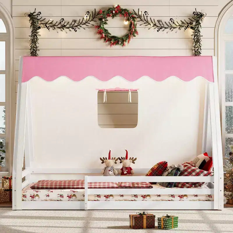 Letto a pavimento Montessori una piazza e mezza/matrimoniale, letto a pavimento con tenda a casetta, striscia luminosa e sponde a tutta lunghezza - ModernLuxe