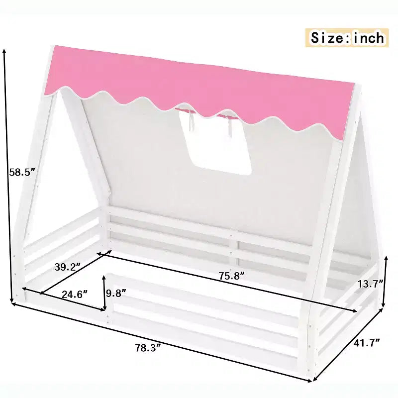 Letto a pavimento Montessori una piazza e mezza/matrimoniale, letto a pavimento con tenda a casetta, striscia luminosa e sponde a tutta lunghezza - ModernLuxe