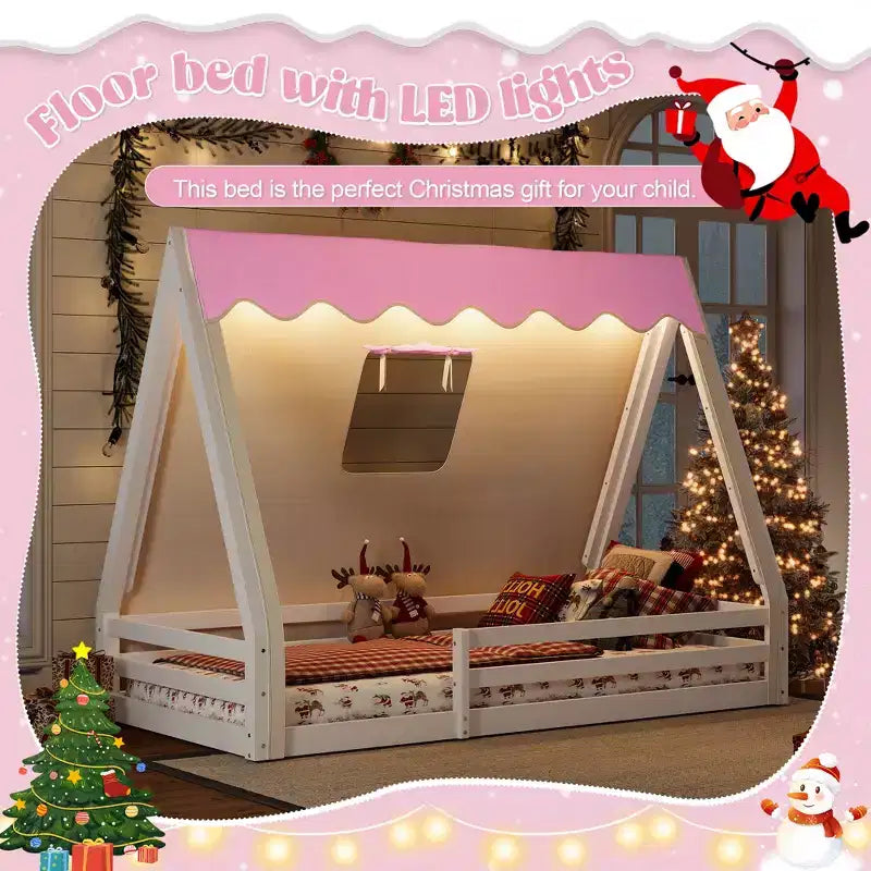 Letto a pavimento Montessori una piazza e mezza/matrimoniale, letto a pavimento con tenda a casetta, striscia luminosa e sponde a tutta lunghezza - ModernLuxe