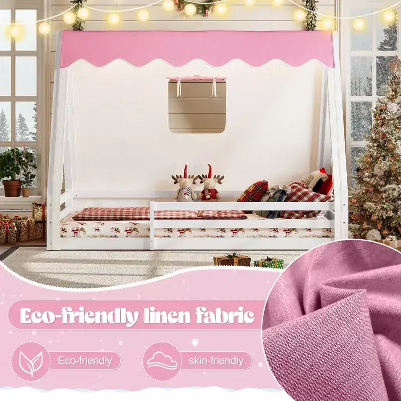 Letto a pavimento Montessori una piazza e mezza/matrimoniale, letto a pavimento con tenda a casetta, striscia luminosa e sponde a tutta lunghezza - ModernLuxe