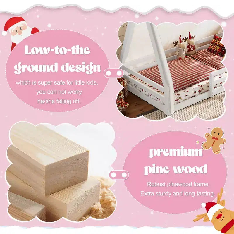Letto a pavimento Montessori una piazza e mezza/matrimoniale, letto a pavimento con tenda a casetta, striscia luminosa e sponde a tutta lunghezza - ModernLuxe