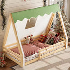 Letto a pavimento Montessori una piazza e mezza/matrimoniale, letto a pavimento con tenda a casetta, striscia luminosa e sponde a tutta lunghezza - ModernLuxe