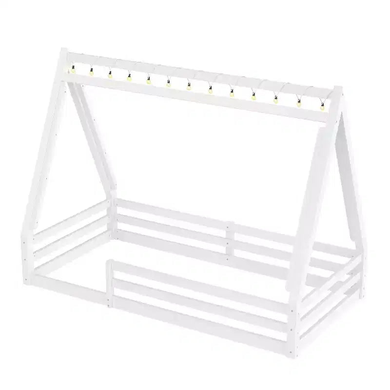 Letto a pavimento Montessori una piazza e mezza/matrimoniale, letto a pavimento con tenda a casetta, striscia luminosa e sponde a tutta lunghezza - ModernLuxe