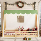Letto a pavimento Montessori una piazza e mezza/matrimoniale, letto a pavimento con tenda a casetta, striscia luminosa e sponde a tutta lunghezza - ModernLuxe