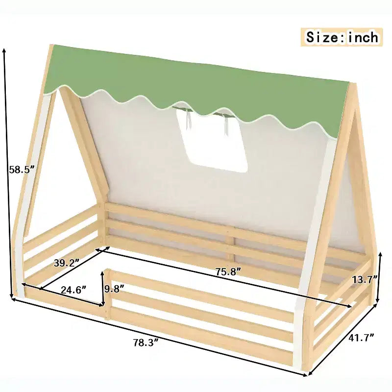 Letto a pavimento Montessori una piazza e mezza/matrimoniale, letto a pavimento con tenda a casetta, striscia luminosa e sponde a tutta lunghezza - ModernLuxe