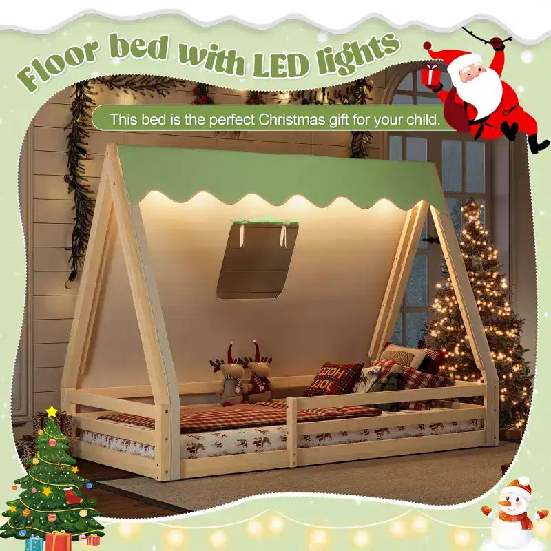 Letto a pavimento Montessori una piazza e mezza/matrimoniale, letto a pavimento con tenda a casetta, striscia luminosa e sponde a tutta lunghezza - ModernLuxe