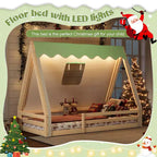 Letto a pavimento Montessori una piazza e mezza/matrimoniale, letto a pavimento con tenda a casetta, striscia luminosa e sponde a tutta lunghezza - ModernLuxe