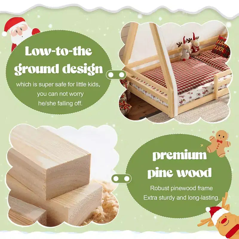 Letto a pavimento Montessori una piazza e mezza/matrimoniale, letto a pavimento con tenda a casetta, striscia luminosa e sponde a tutta lunghezza - ModernLuxe