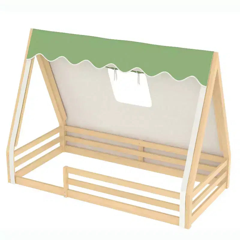 Letto a pavimento Montessori una piazza e mezza/matrimoniale, letto a pavimento con tenda a casetta, striscia luminosa e sponde a tutta lunghezza - ModernLuxe