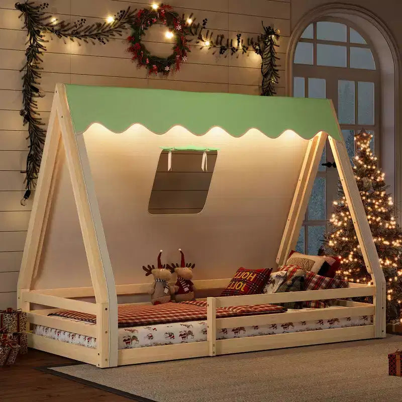 Twin/Full Size Montessori Floor Bed, House Tent Floor Bed with Light Strip & Full-Length Guardrails - ModernLuxe