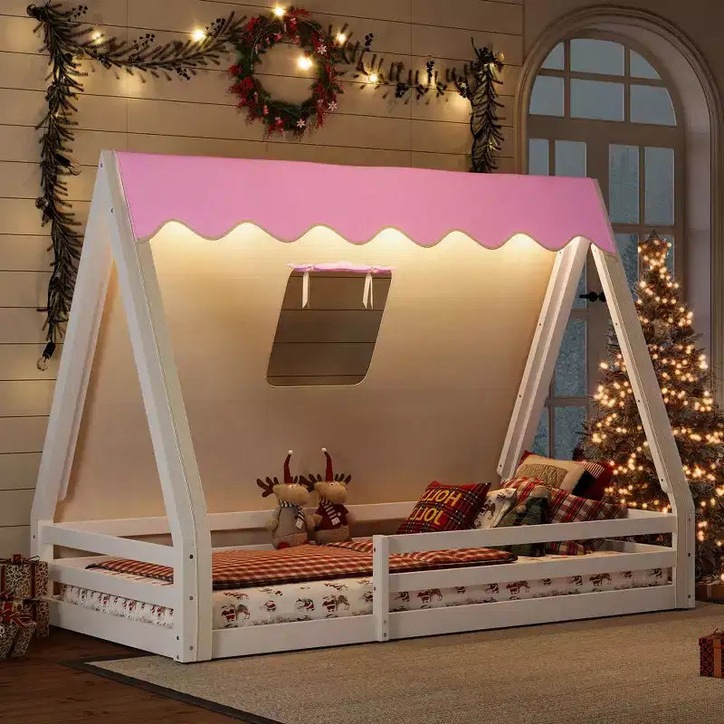 Letto a pavimento Montessori una piazza e mezza/matrimoniale, letto a pavimento con tenda a casetta, striscia luminosa e sponde a tutta lunghezza - ModernLuxe