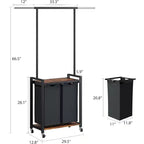 Cesto Portabiancheria con Appendiabiti e Ripiano, Carrello Avvolgibile con Ruote Bloccabili, Organizzatore a Cestino per Lavanderia Camera da Letto Bagno