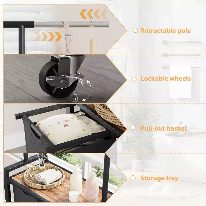 Cesto Portabiancheria con Appendiabiti e Ripiano, Carrello Avvolgibile con Ruote Bloccabili, Organizzatore a Cestino per Lavanderia Camera da Letto Bagno
