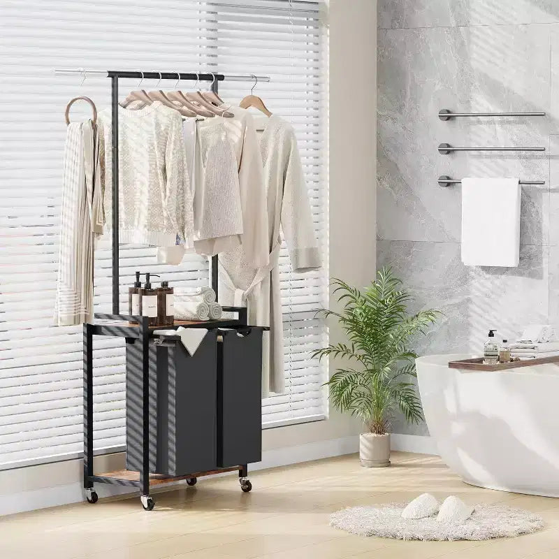 Cesto Portabiancheria con Appendiabiti e Ripiano, Carrello Avvolgibile con Ruote Bloccabili, Organizzatore a Cestino per Lavanderia Camera da Letto Bagno