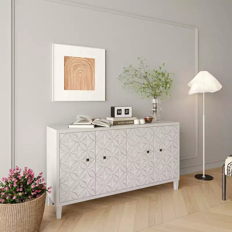 Modern Wooden Sideboard With 4 Doors, Buffet Server Cabinet With Adjustable Shelves And Square Metal Handles For Living Room, White Wash