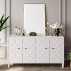 Madia moderna in legno con 4 ante, mobile credenza con ripiani regolabili e maniglie quadrate in metallo per soggiorno, finitura bianco anticato