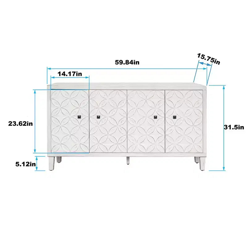 Madia moderna in legno con 4 ante, mobile credenza con ripiani regolabili e maniglie quadrate in metallo per soggiorno, finitura bianco anticato