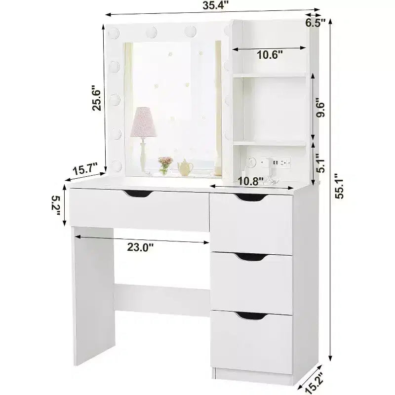 Acekool Toeletta con Specchio, 4 Cassetti, Ripiani e Presa di Corrente, Tavolo da Trucco per Camera da Letto