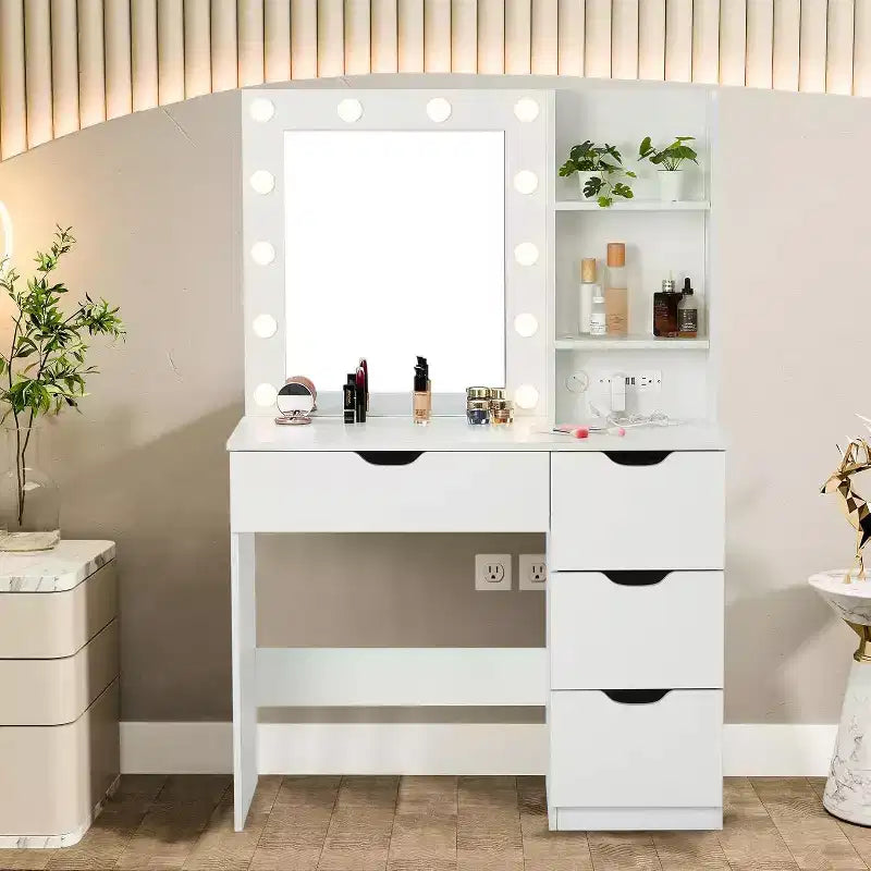 Acekool Toeletta con Specchio, 4 Cassetti, Ripiani e Presa di Corrente, Tavolo da Trucco per Camera da Letto