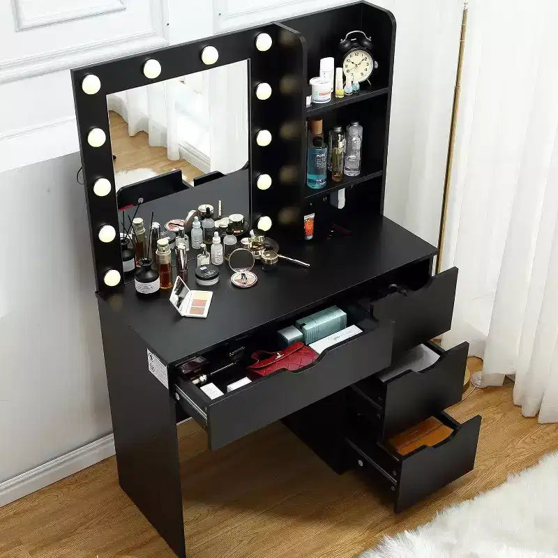 Acekool Toeletta con Specchio, 4 Cassetti, Ripiani e Presa di Corrente, Tavolo da Trucco per Camera da Letto