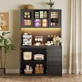 Freestanding Kitchen Pantry Cabinet with Power Outlet  4-Door Storage Cabinet with 3 Drawers & Adjustable Shelf for Dining Room & Kitchen