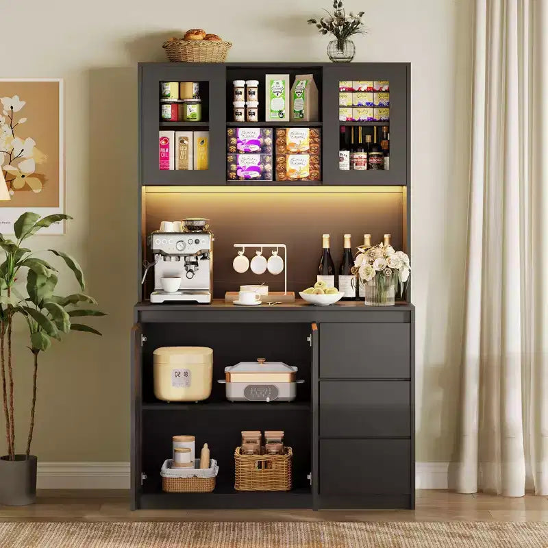Freestanding Kitchen Pantry Cabinet with Power Outlet  4-Door Storage Cabinet with 3 Drawers & Adjustable Shelf for Dining Room & Kitchen