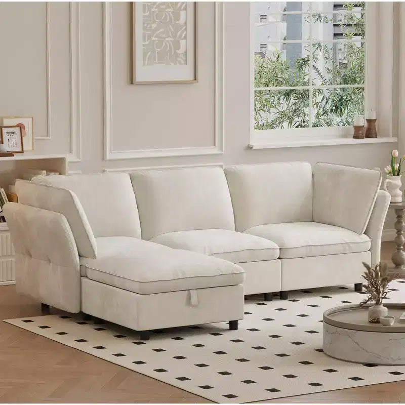 Sofa, Modular Single Seat with Storage Ottoman  Velvet Cloud Armless Chair + Movable Ottoman/Pillows for Living Room Cream Beige
