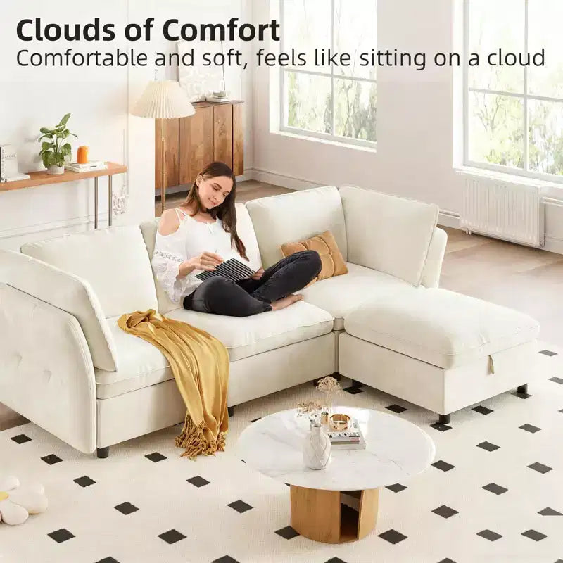Divano componibile monoposto con pouf contenitore, poltrona senza braccioli in velluto Cloud + pouf/cuscini mobili per soggiorno, beige crema
