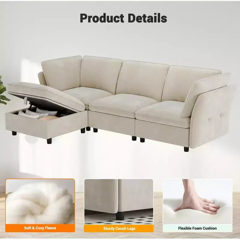 Divano componibile monoposto con pouf contenitore, poltrona senza braccioli in velluto Cloud + pouf/cuscini mobili per soggiorno, beige crema